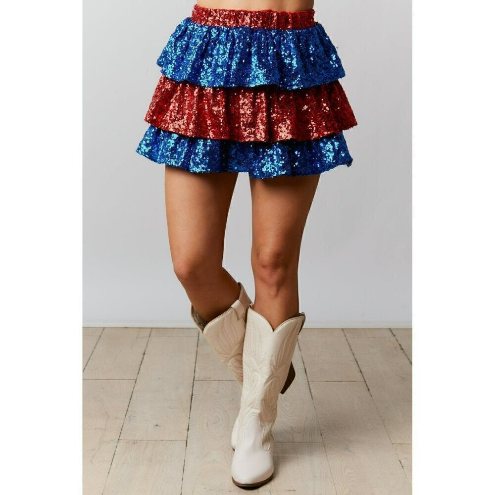 Red White and Blue Sequin Tiered Skort Skirt